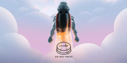 A graphic image of an astronaut wearing a jetpack. A launch button is drawn onto the image with the words 'Do Not Press' underneath