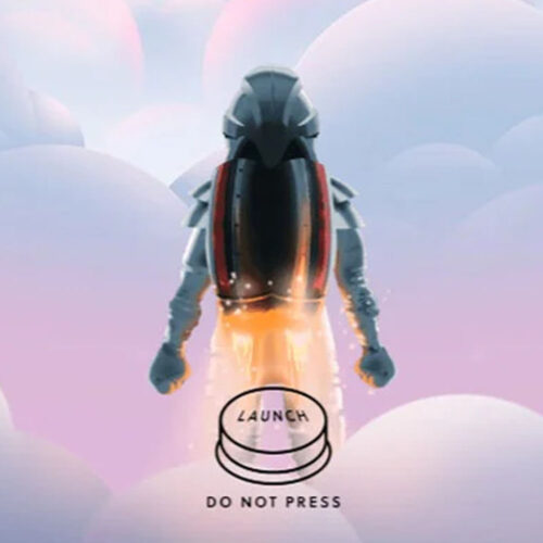 A graphic image of an astronaut wearing a jetpack. A launch button is drawn onto the image with the words 'Do Not Press' underneath