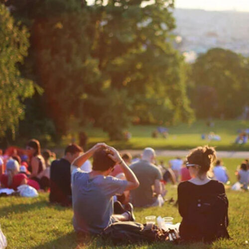 A busy park on a summers day, with lots of people sat on the grass, surrounded by trees