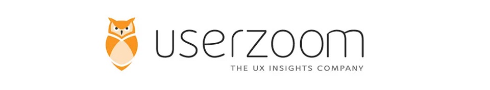 Userzoom logo with text saying userzoom The UX Insights Company featuring a simplified orange owl