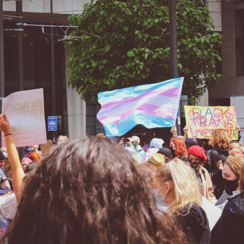 A trans flag being held at a pride parade