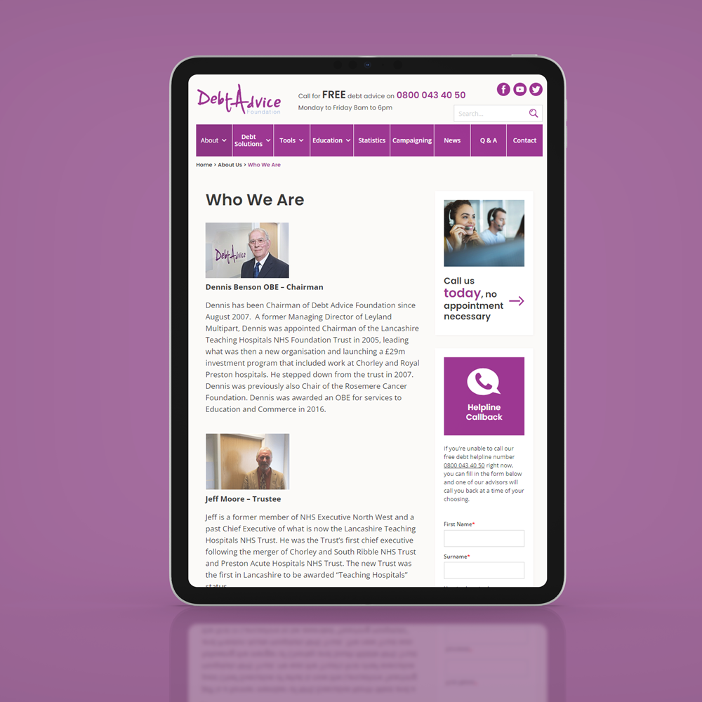 Debt advice Who We Are page shown on a tablet