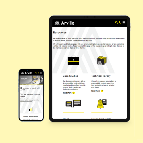 Arville pages shown on a tablet and a phone screen