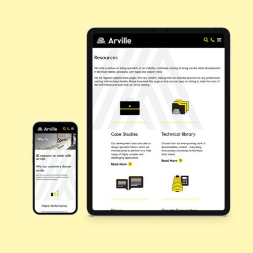 Arville website designs shown on a tablet and a phone screen