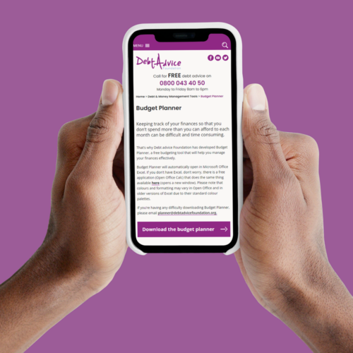 Debt advice budget planner shown on a phone screen