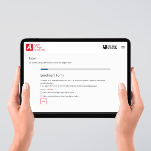 OCA enrolment page shown on a tablet