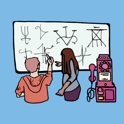Illustration of two people drawing on a whiteboard