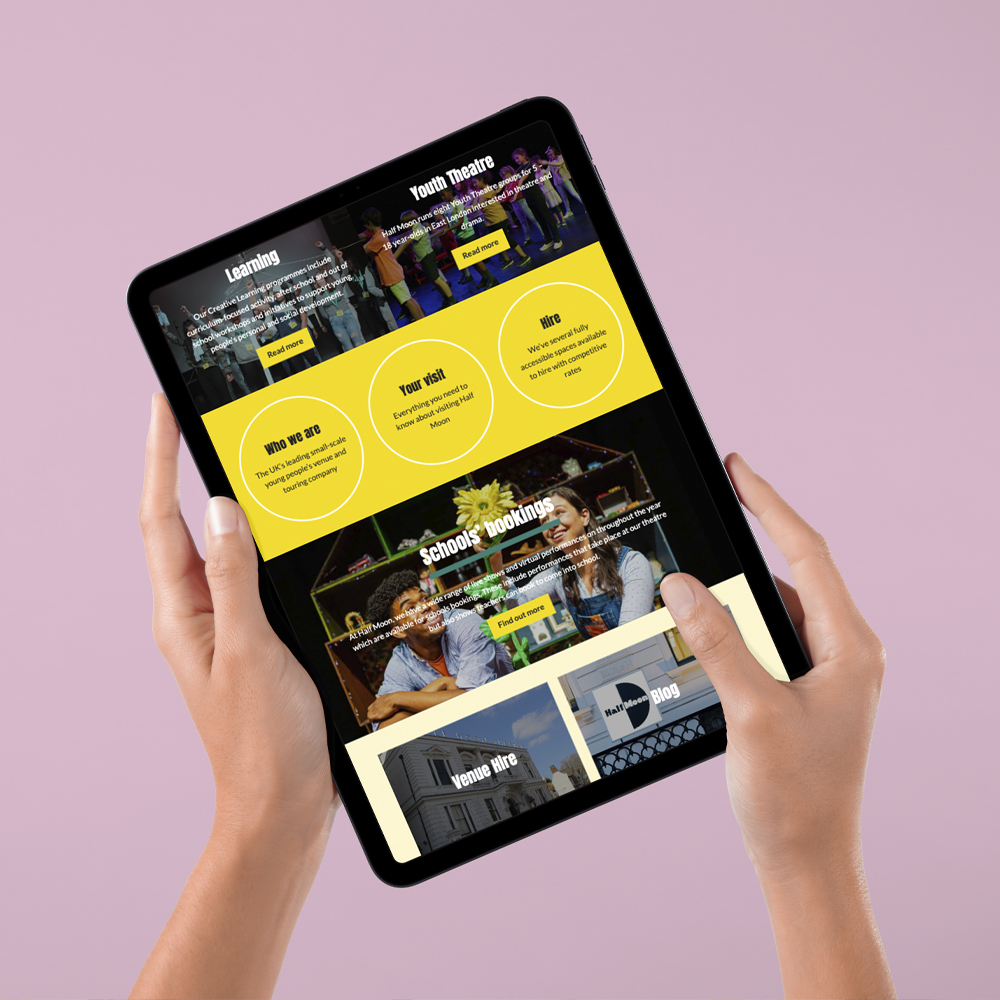 Half moon Theatre in London, web pages shown on a tablet screen