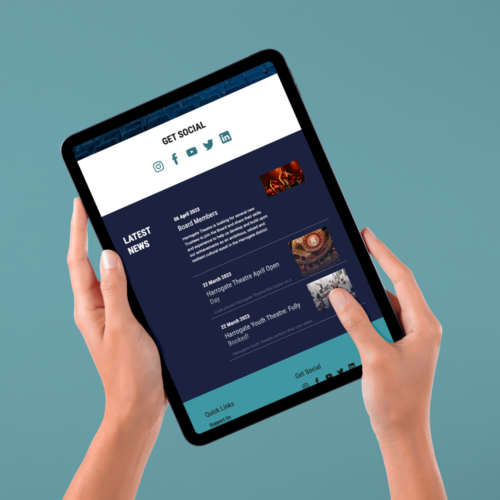 Harrogate Theatre social page shown on a tablet
