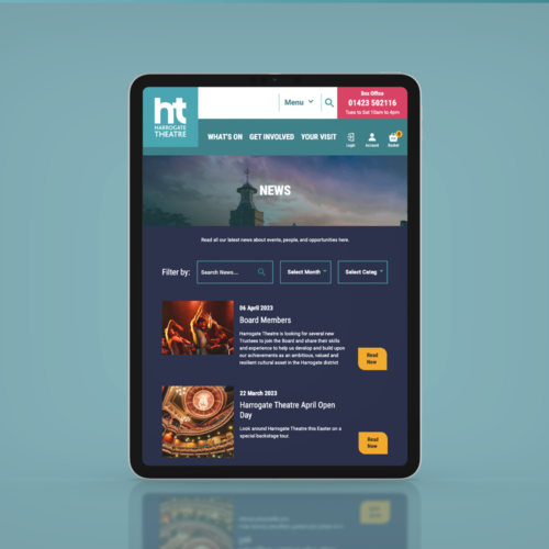 Harrogate Theatre page shown on a tablet