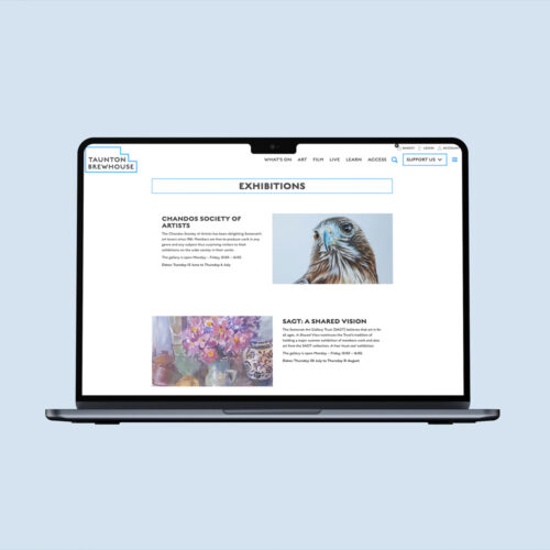 Taunton Brewhouse exhibitions page shown on a laptop