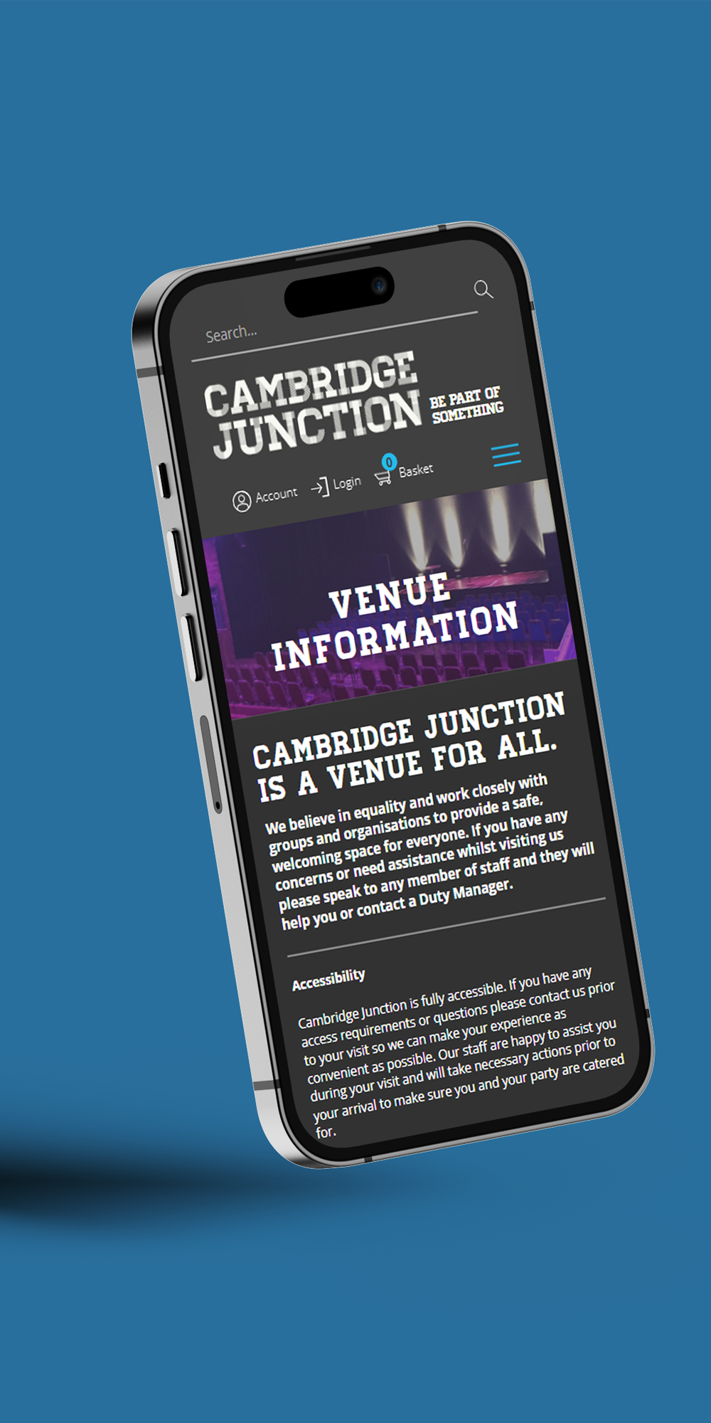 Phone screen showing Cambridge Junction Venue Information