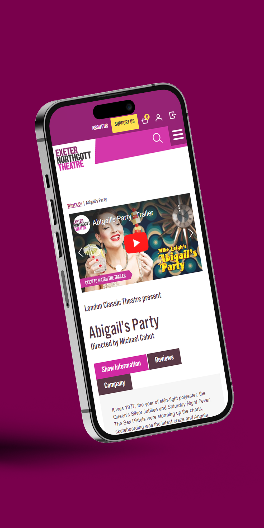 Exeter Northcott Theatre page for Abigail's Party shown on a phone screen
