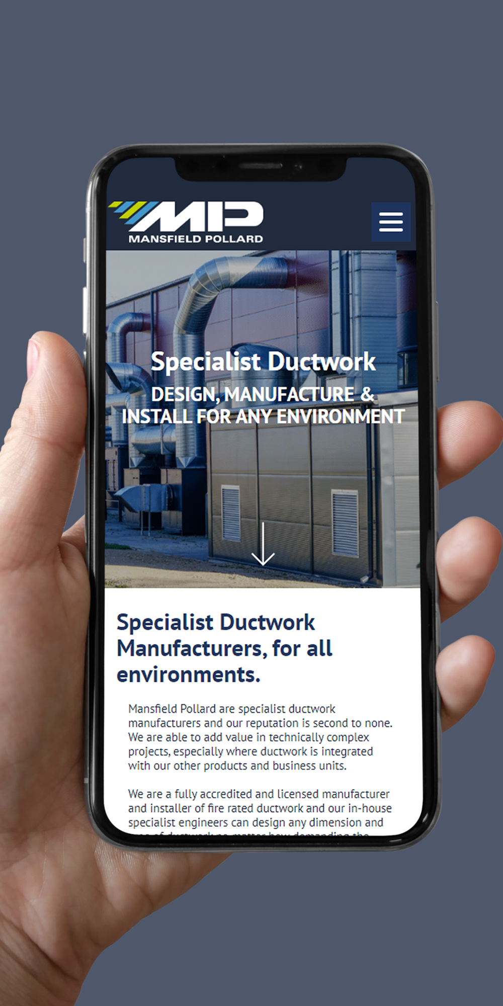 Phone screen being held in a hand, showing MP's logo and the Specialist Ductwork page