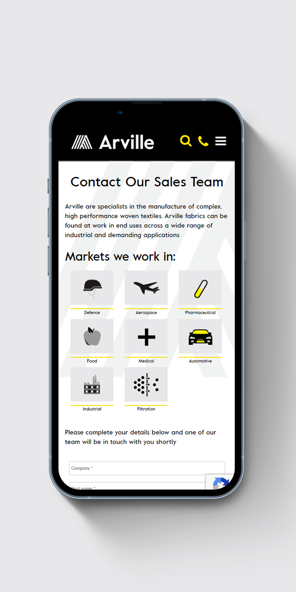 Arville contact page shown on a phone screen