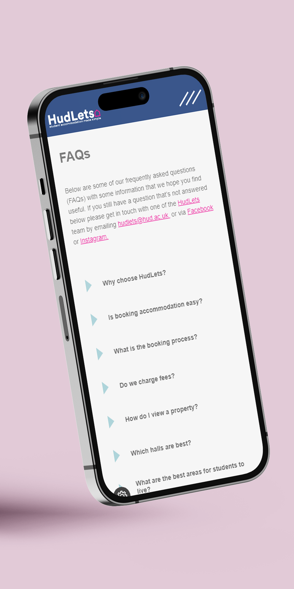 Hudlets FAQ page shown on a phone screen