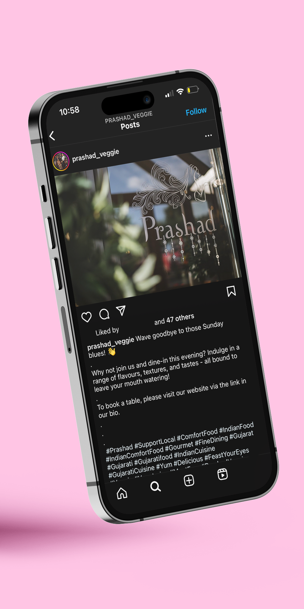 Prashad instagram shown on a phone screen