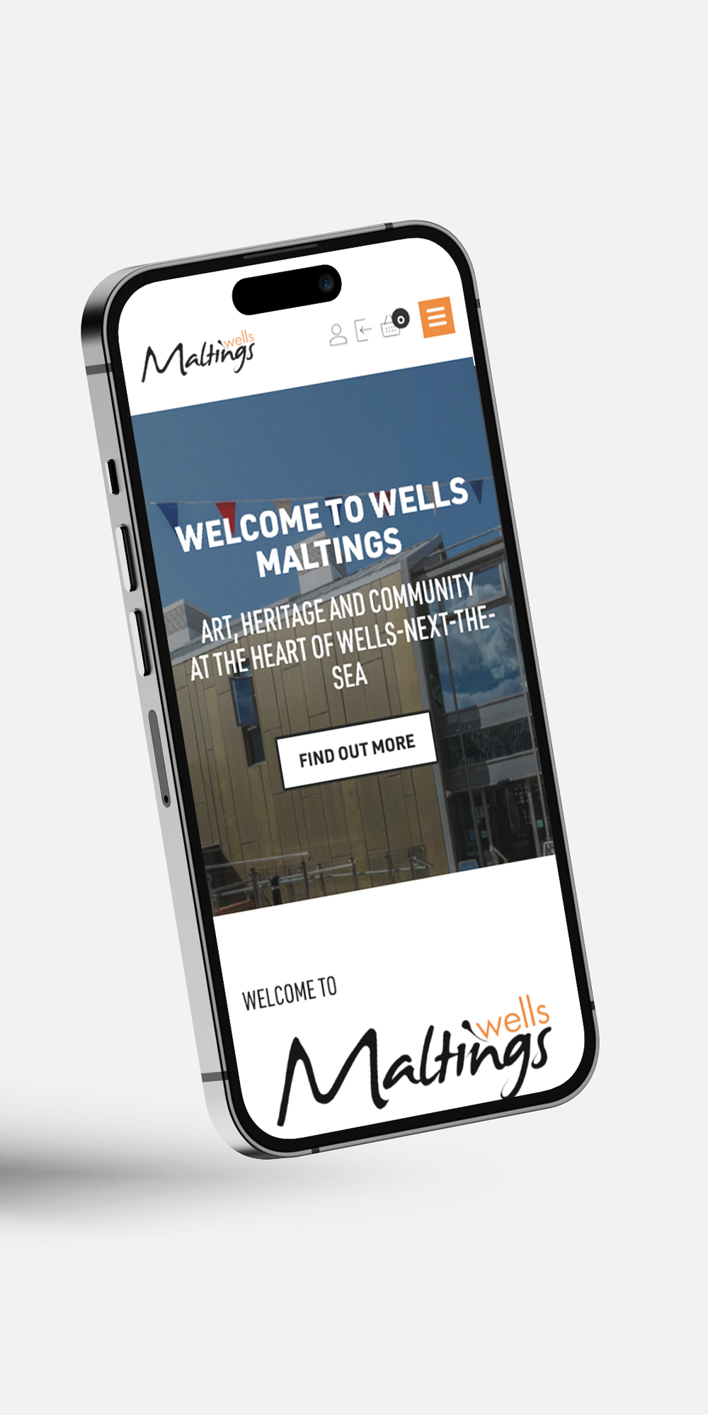 Wells Maltings welcome page shown on a phone screen