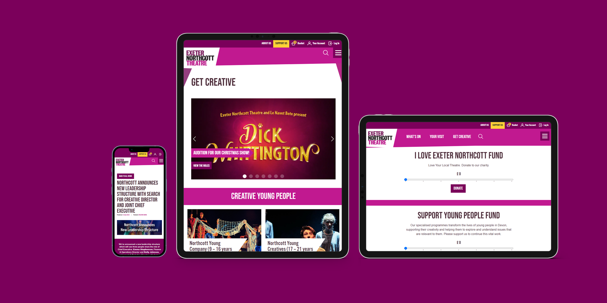 The Exeter Northcott Theatre web pages shown on a tablet and phone screen