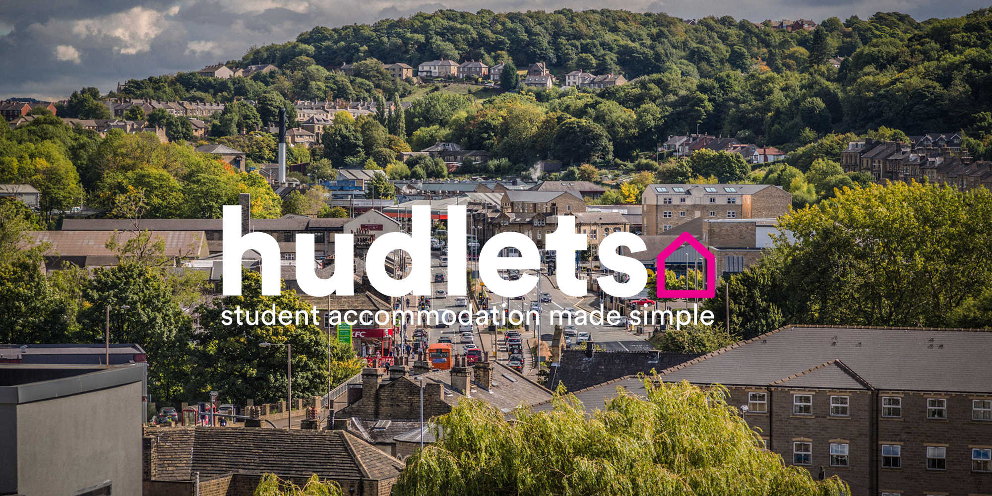 Hudlets logo shown over a landscape image of Huddersfield.