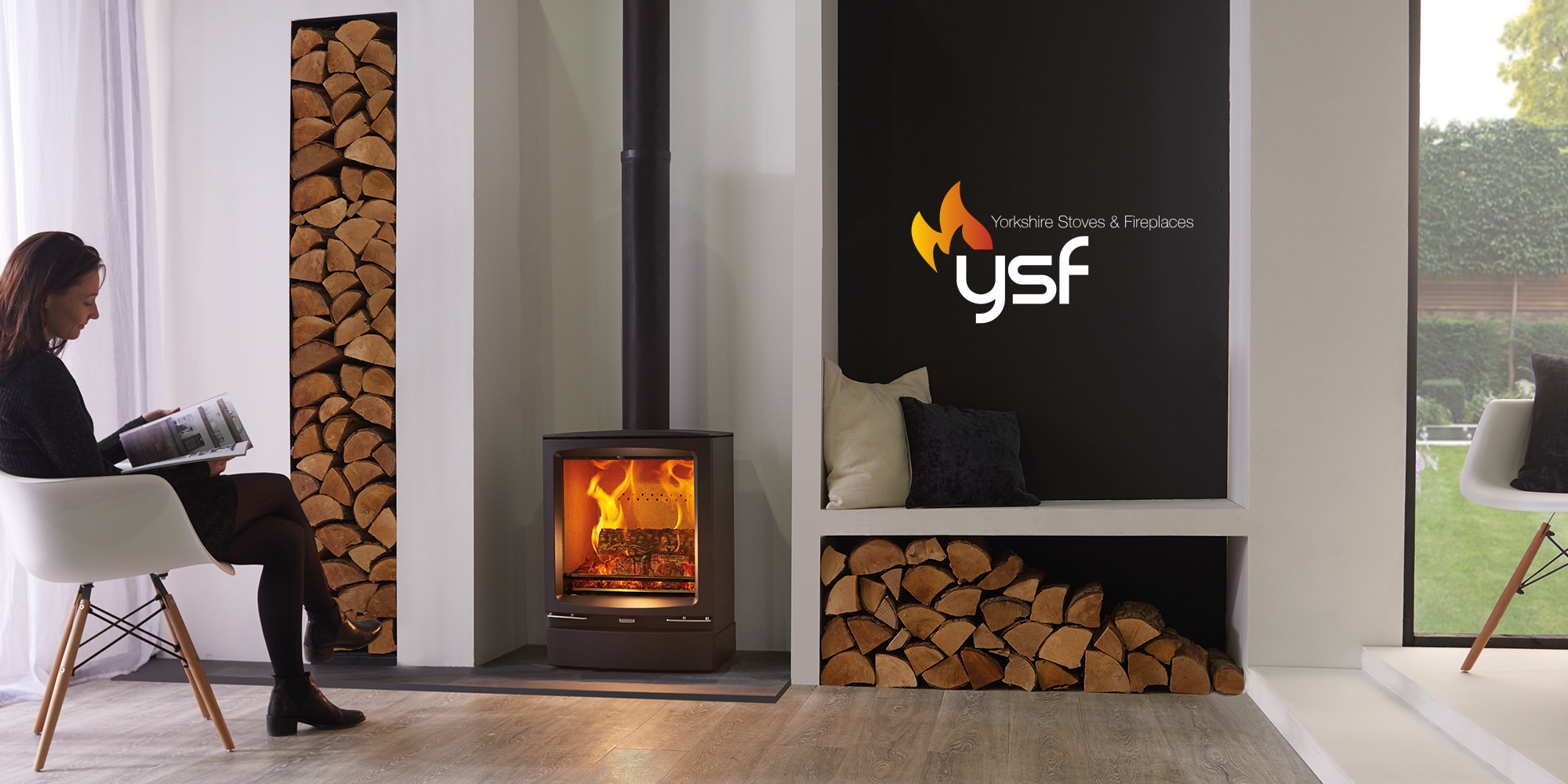 A fireplace with the YSF logo