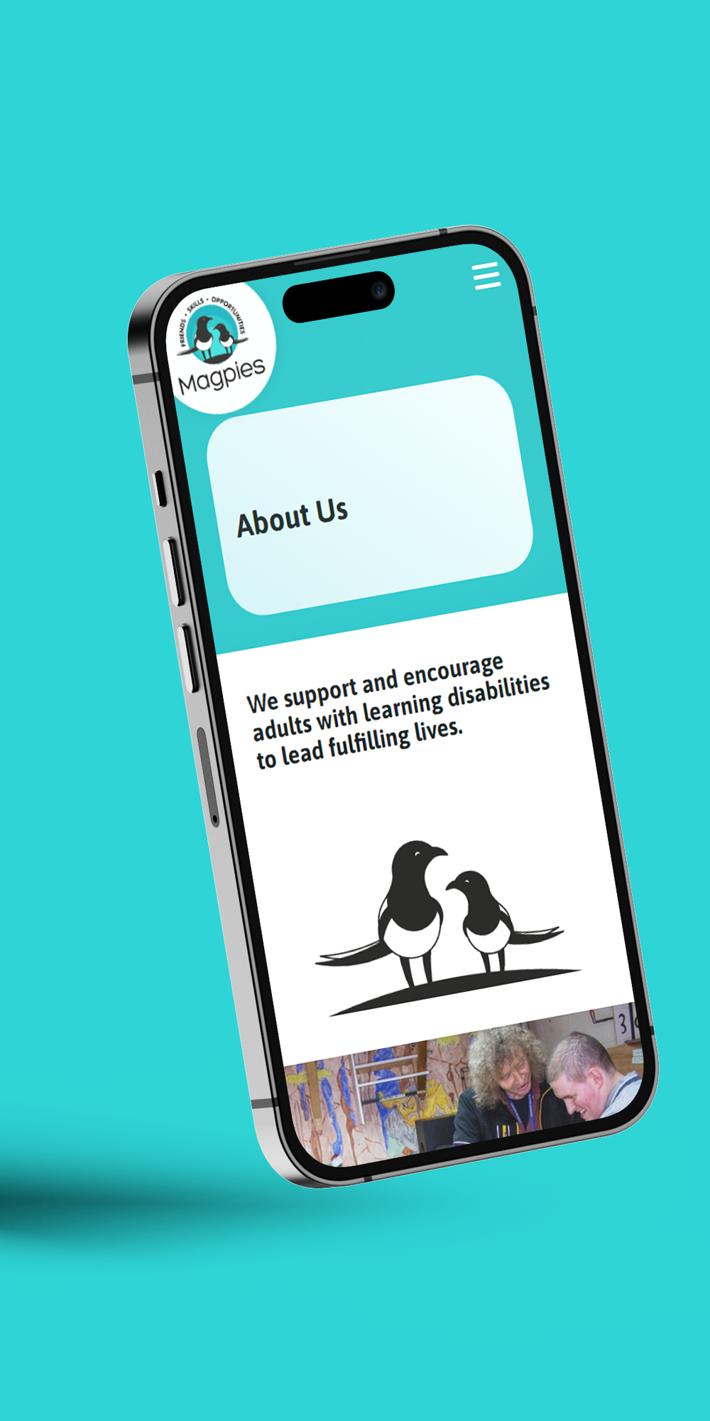 Magpies About us page shown on a phone screen