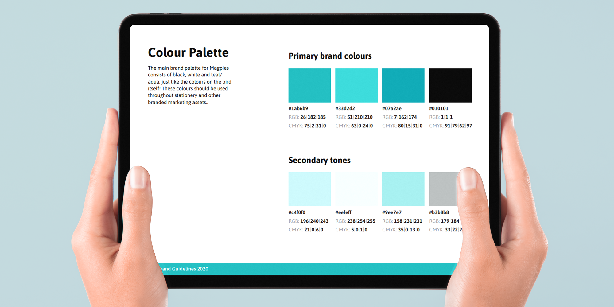 Magpies colour palette shown on an ipad