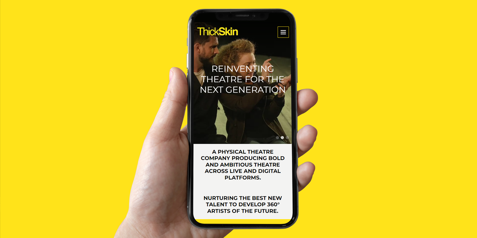 ThickSkin theatre school page shown on a phone screen