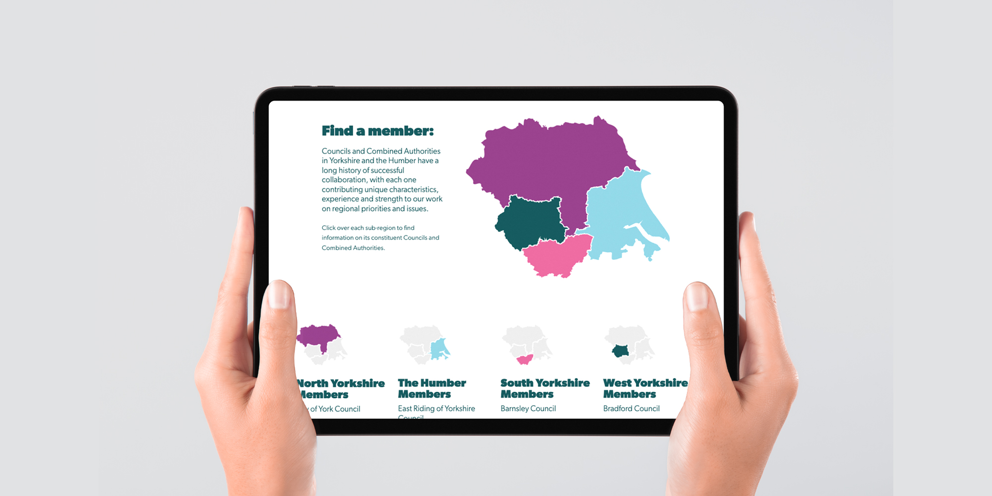 Yorkshire and Humber find a member page shown on a tablet screen