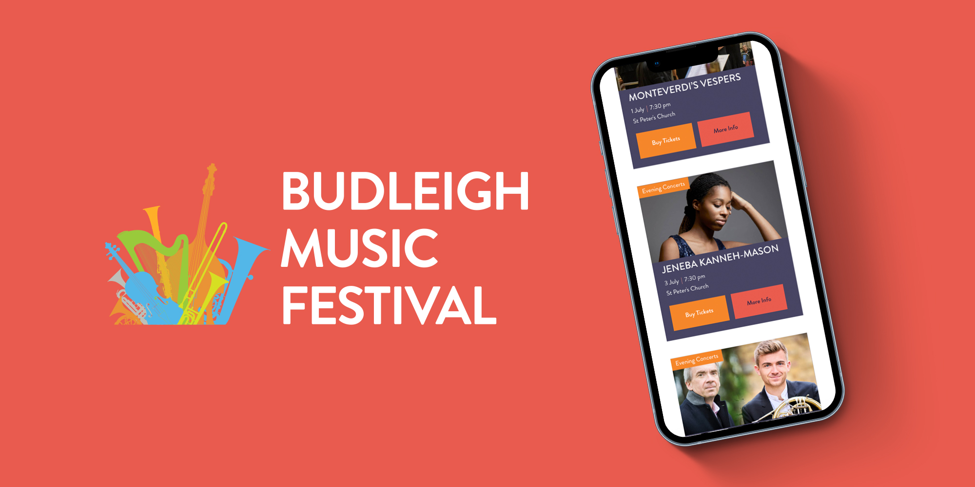 Budleigh Music Festival logo and events page shown on a phone screen
