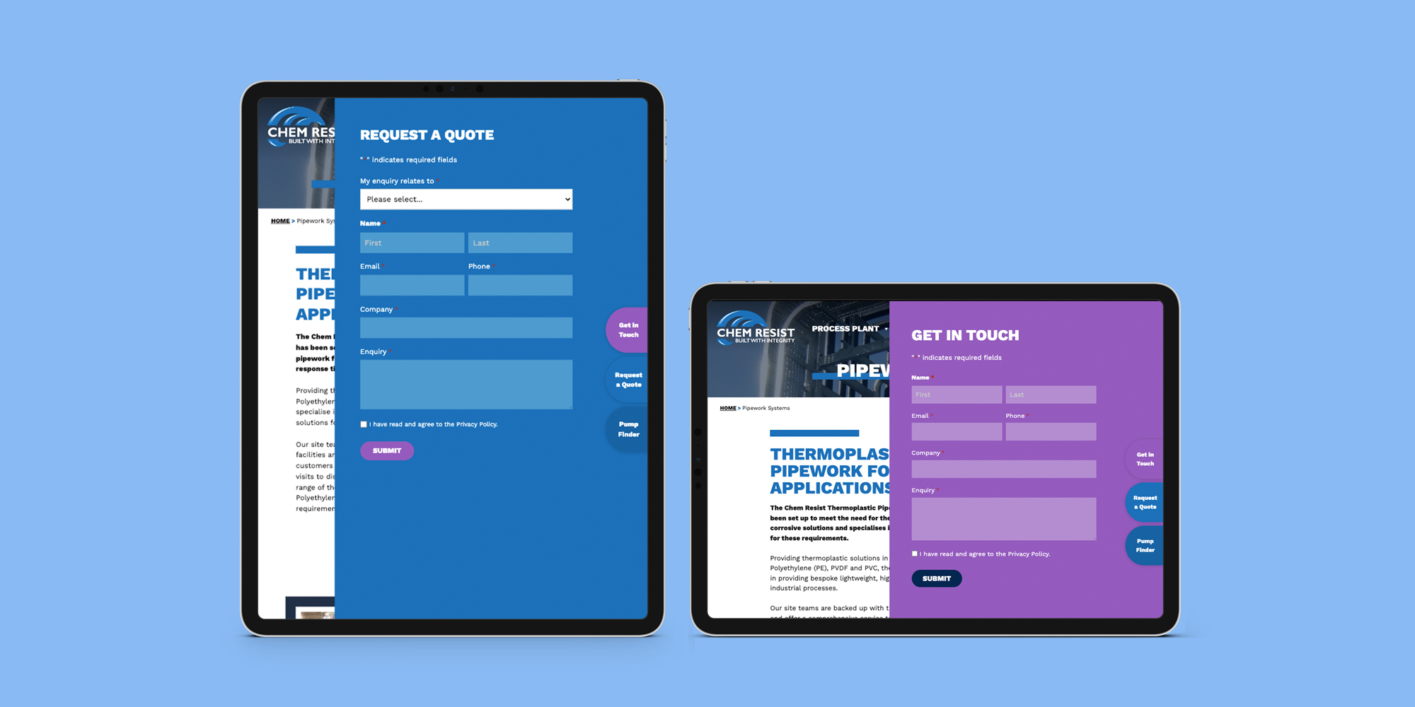 Chem Resist contact pages shown on a tablet screen