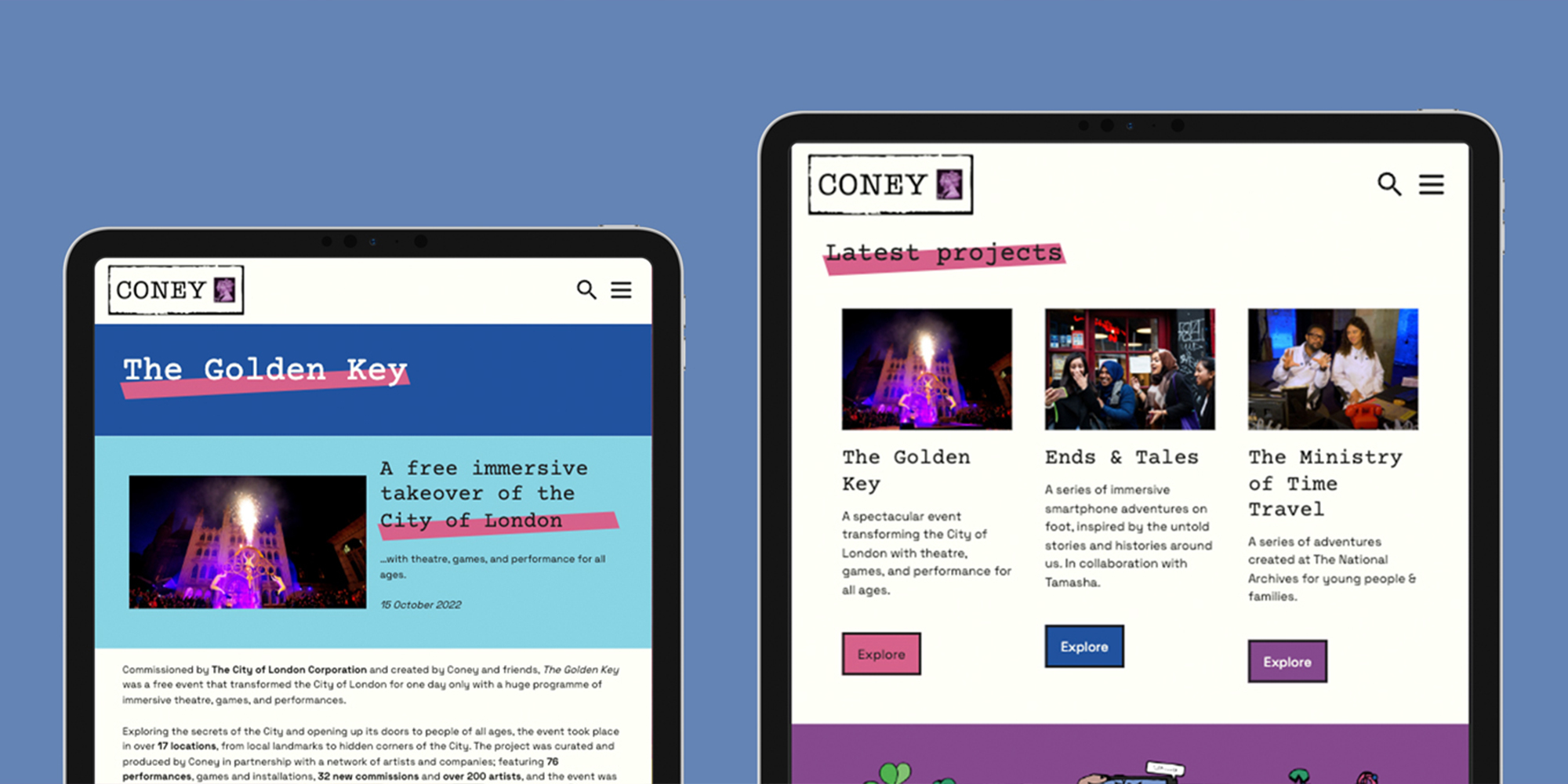 Coney pages shown on tablet screens