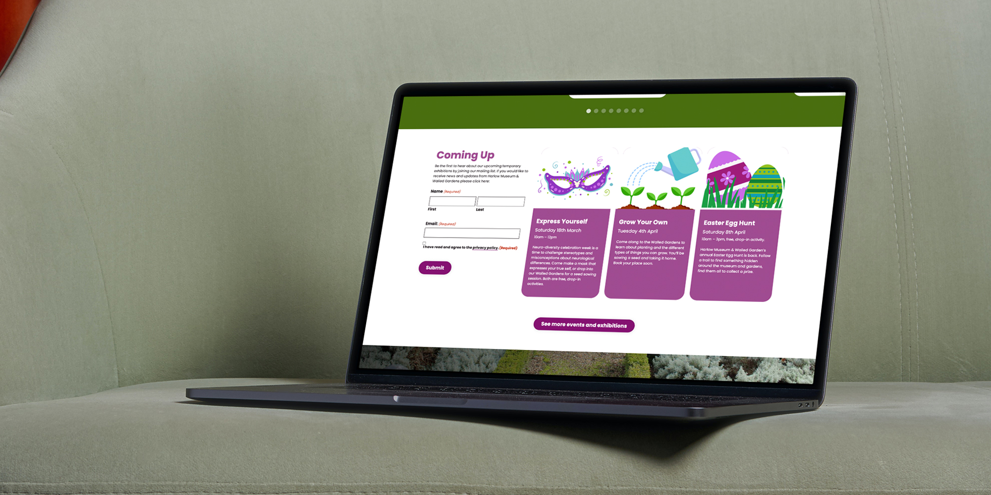 Harlow Museum & Walled Gardens pages shown on a laptop