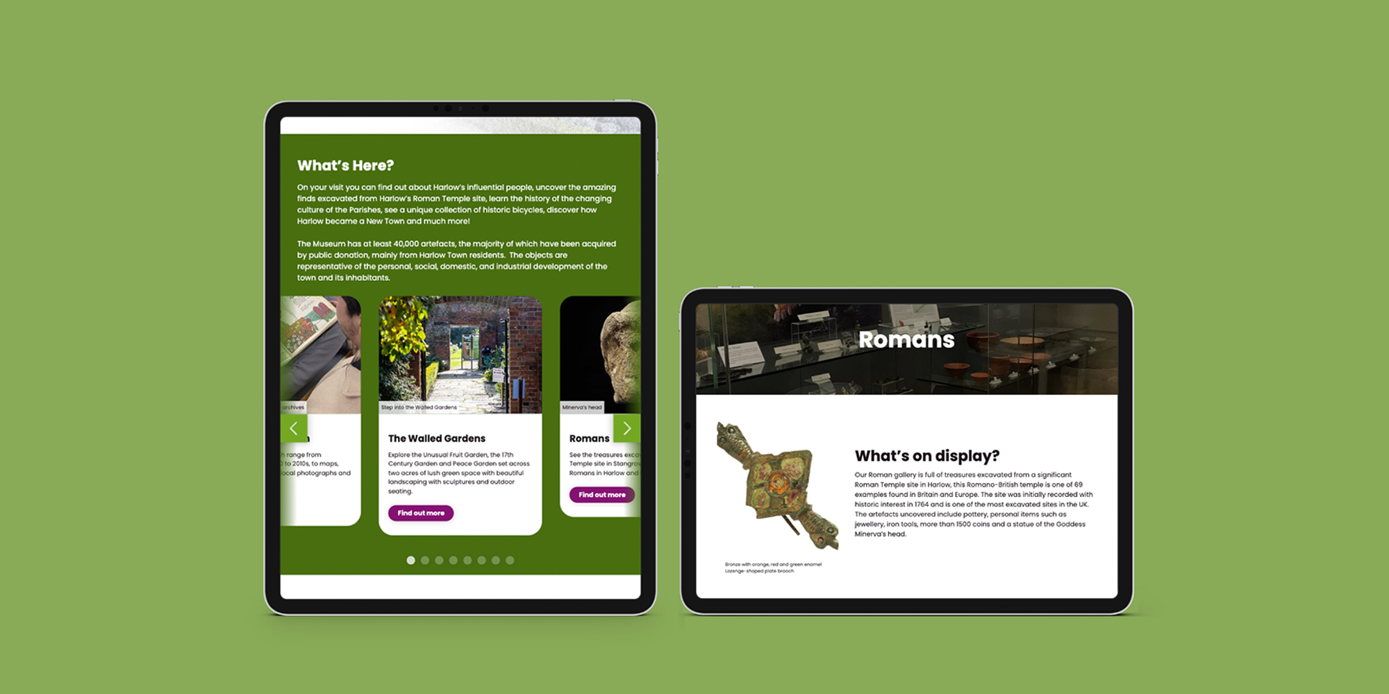 Harlow Museum & Walled Gardens romans pages shown on a tablet
