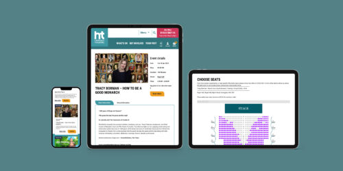 Harrogate Theatre pages shown on a phone and tablet screens