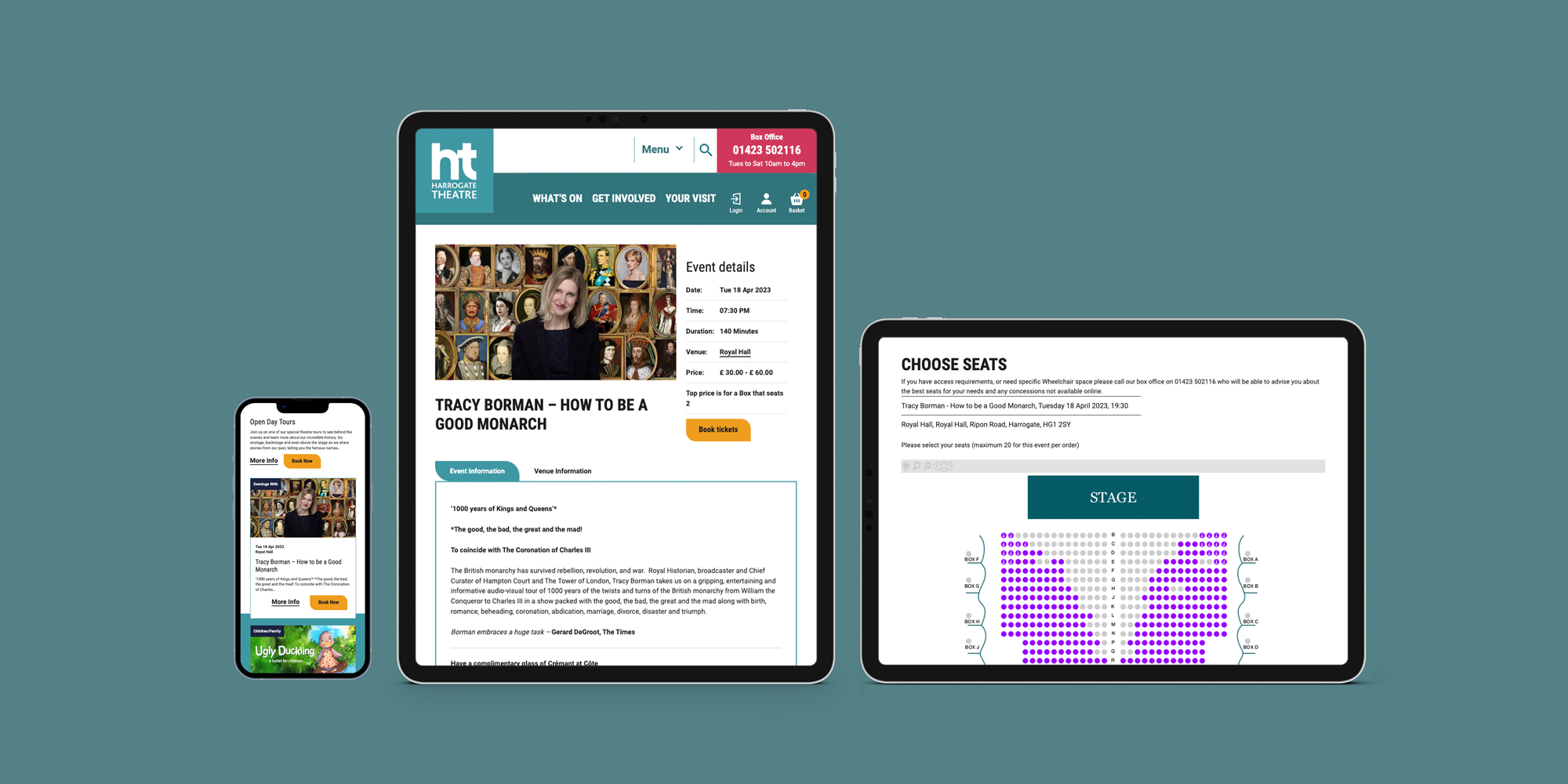 Harrogate Theatre pages shown on a phone and tablet screens