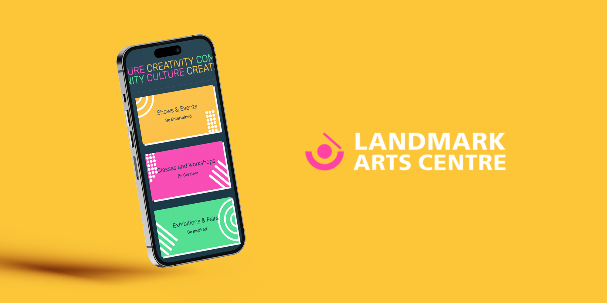 Landmark Arts Centre logo and home page shown on a phone screen