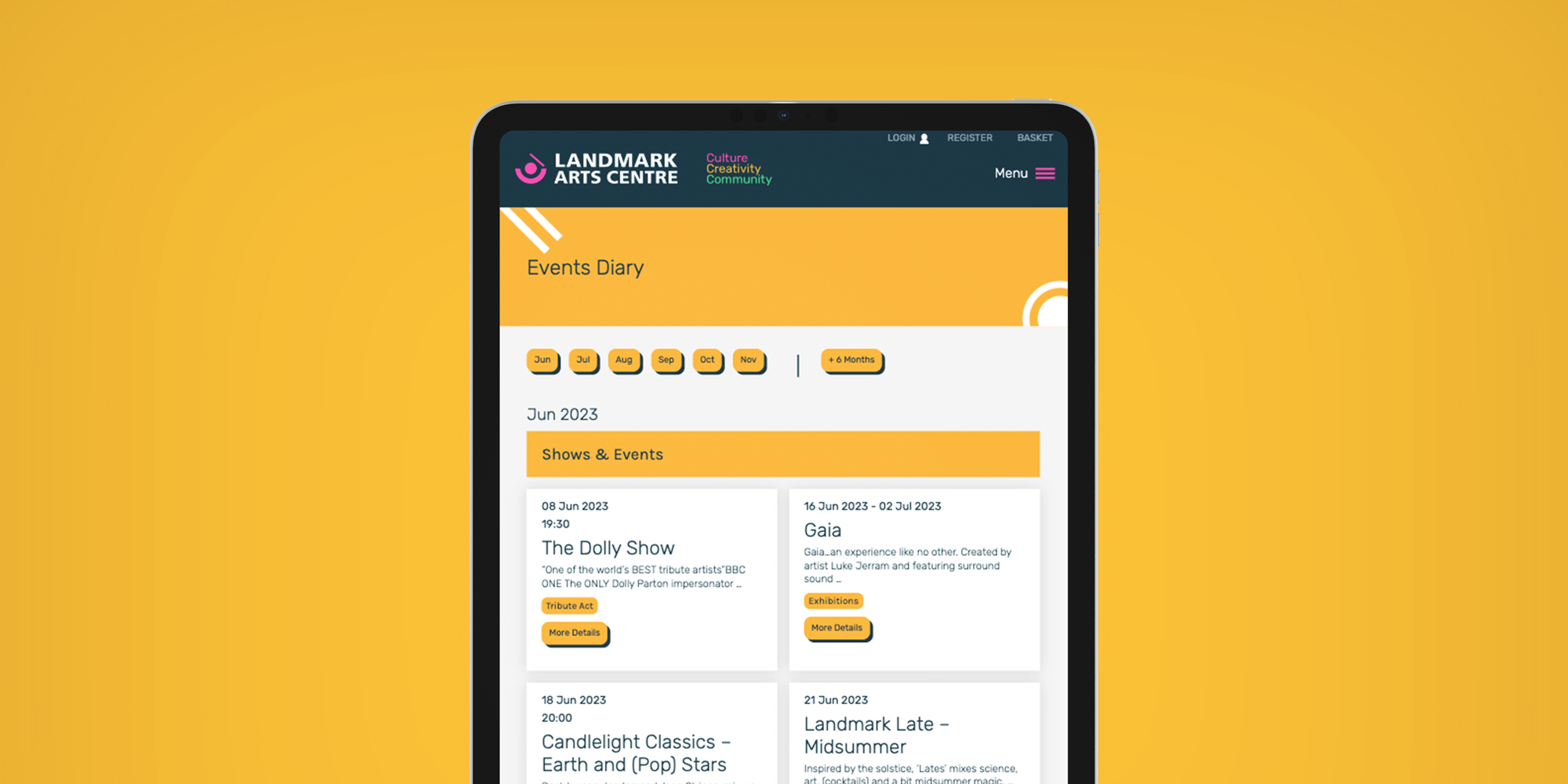 Landmark Arts Centre events page shown on a tablet