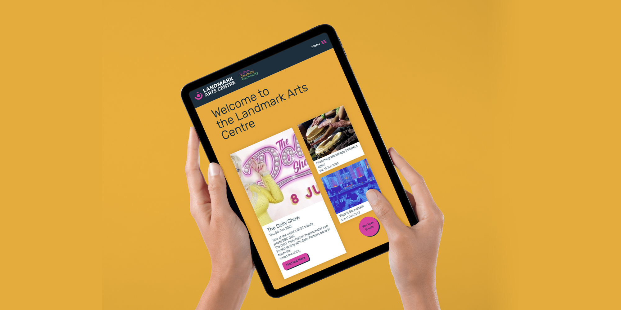 Landmark Arts Centre home page shown on a tablet