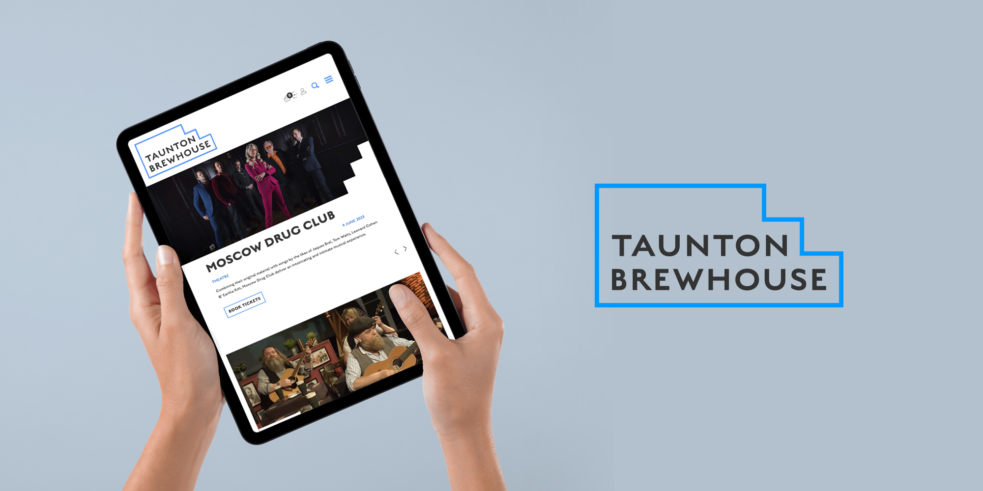 Taunton Brewhouse logo and icons and pages shown on a tablet screen