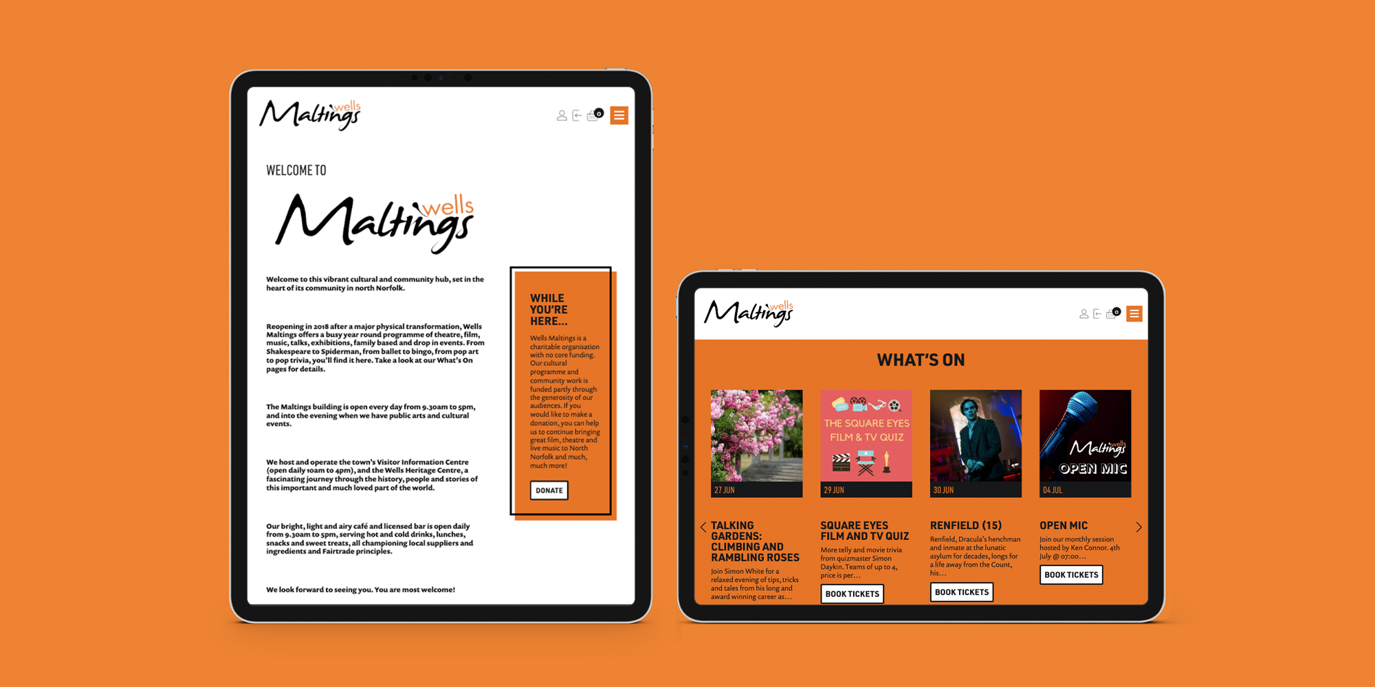 Wells Maltings pages shown on tablet screens