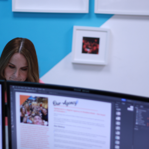 Image of a woman behind a computer screen