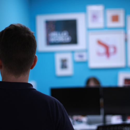 The back of a persons head, in front of an office setting