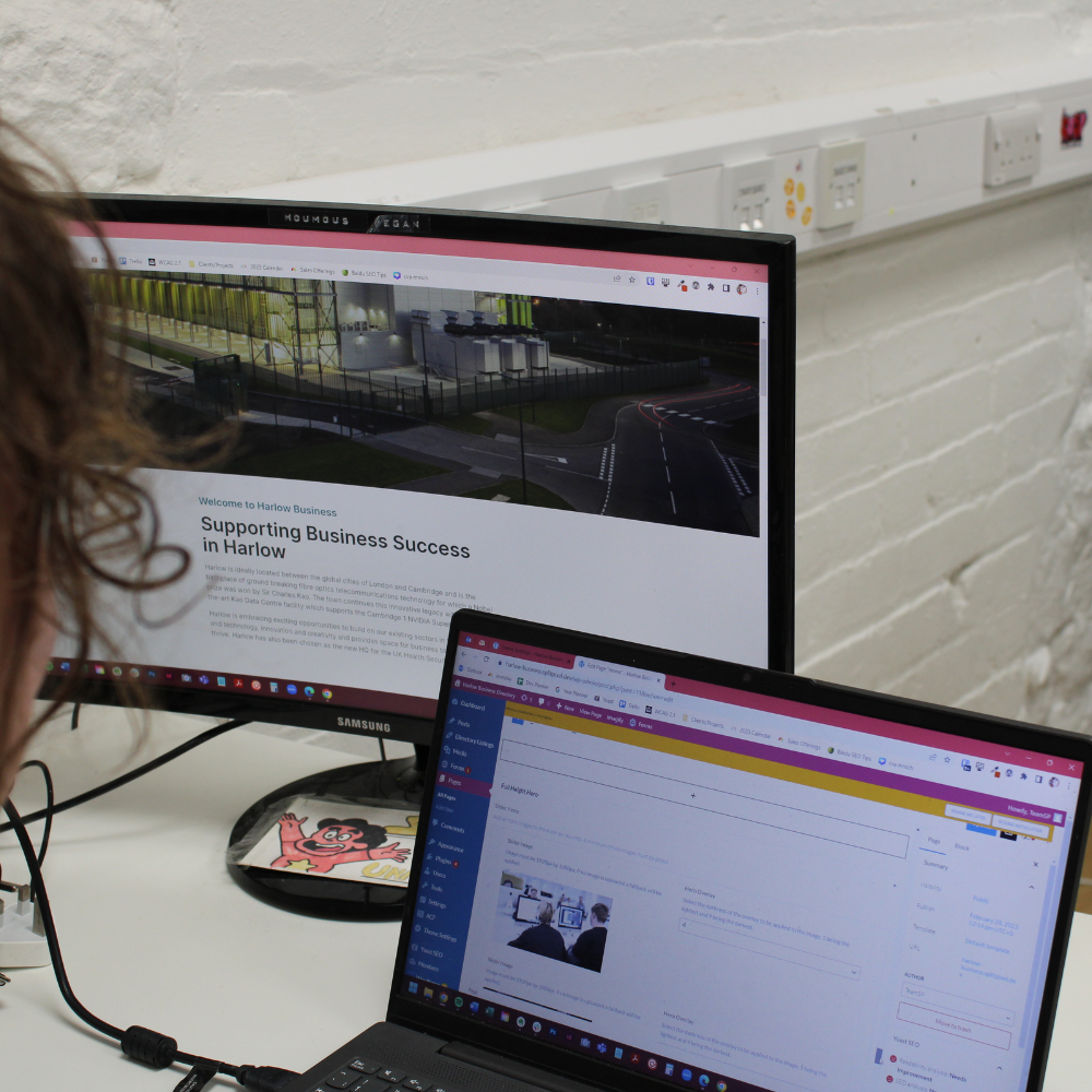 A person working on a laptop and a computer screen