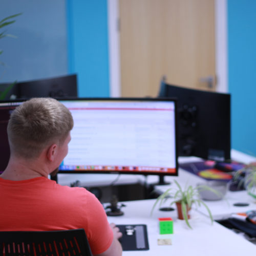 A man from behind looking at a computer screen