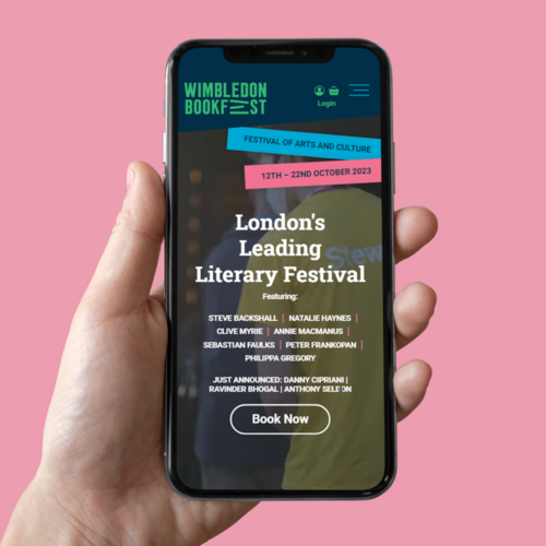 Wimbledon Book Festival, screenshot of the website on a mobile device held by a hand