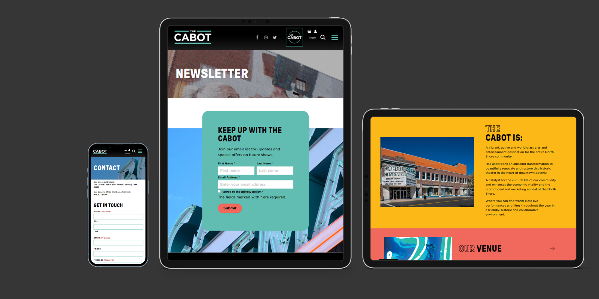 TH CAbot Theater Website, shown in different devices from mobile up to a full laptop sized screen