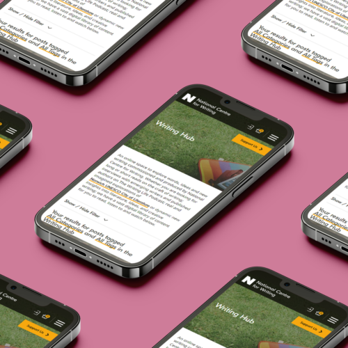 Image of the National Centre for Writing website displayed on multiple phone screens.