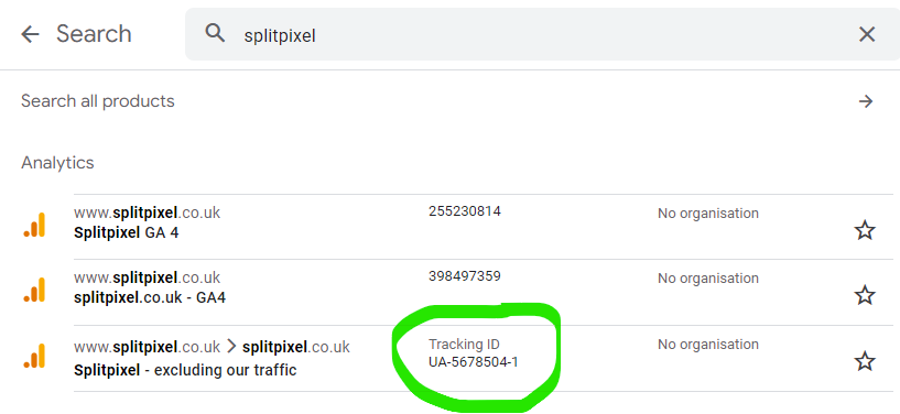 Screenshot showing how to find the right analytics property - in the middle column, you will find UA as a prefix.