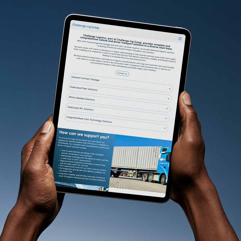 Recruitment website design screenshot for challenge trg on a hand held tablet